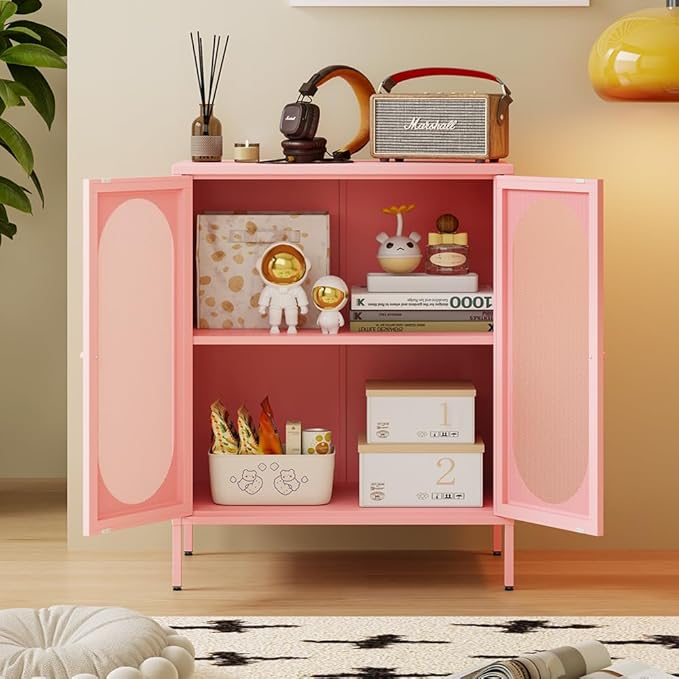 2 Door Metal Mesh Storage Cabinet with 1 Adjustable Shelves-Steel Locker Cabinet for Living Room, Bedroom, Hallway, Office Room, Home, Hotel, Kitchen, Garage, 2-Tier (Mesh Door, Pink)