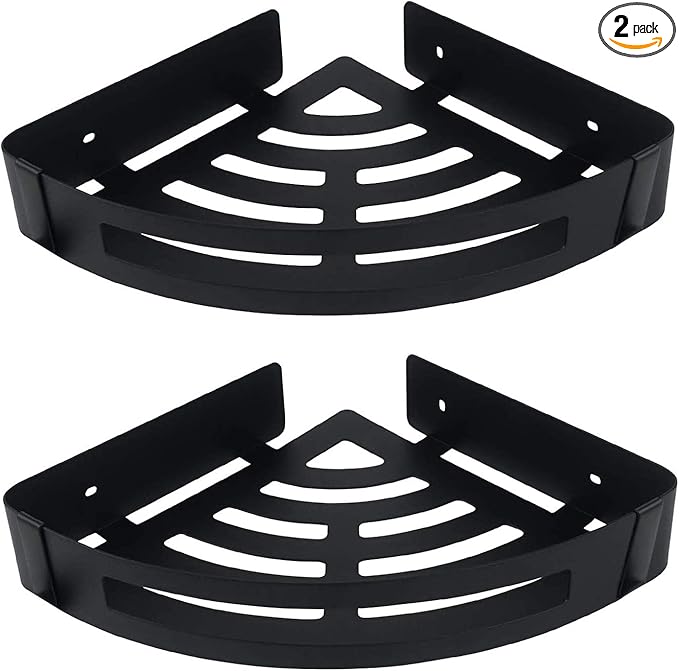 NearMoon Bathroom Shower Caddy 2 Pack, No Drill 304 Stainless Steel Shower Organizer with 2 Hooks (Corner Shelf, Matte Black)