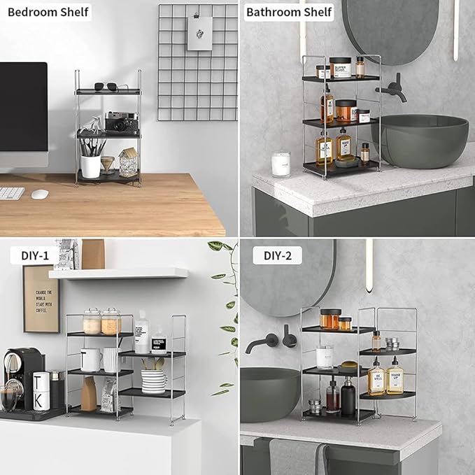 3-Tier Bathroom Countertop Organizer -Makeup Organizer -Corner Storage Shelf- Kitchen Spice Rack Standing Shelf-Great for Vanity, Bathroom, Bedroom, Kitchen (Silver&Black)-NeatNest