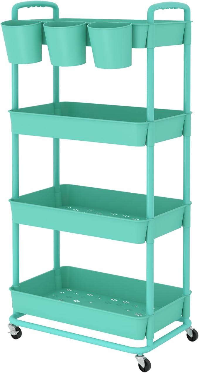 JIUYOTREE 4-Tier Plastic Rolling Storage Cart Utility Cart with Extra Hanging Cups Handles Lockable Wheels for Living Room Bathroom Kitchen Office Green-NeatNest