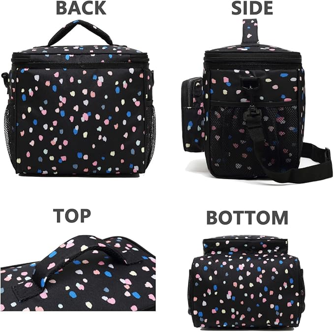 FlowFly Insulated Reusable Lunch Bag Adult Large Lunch Box for Women and Men with Adjustable Shoulder Strap,Front Zipper Pocket and Dual Large Mesh Side Pockets,BlackFlower-NeatNest