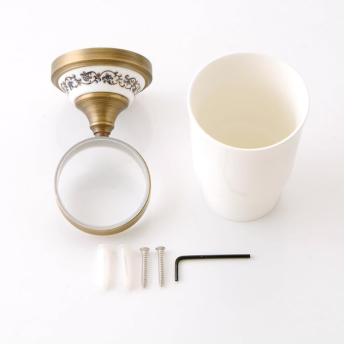 Antique Bronze Brass Toothbrush Holder Cup Holder with White Ceramic Tumbler, Wall Mounted Bathroom Hardware Accessories,Porcelain Design