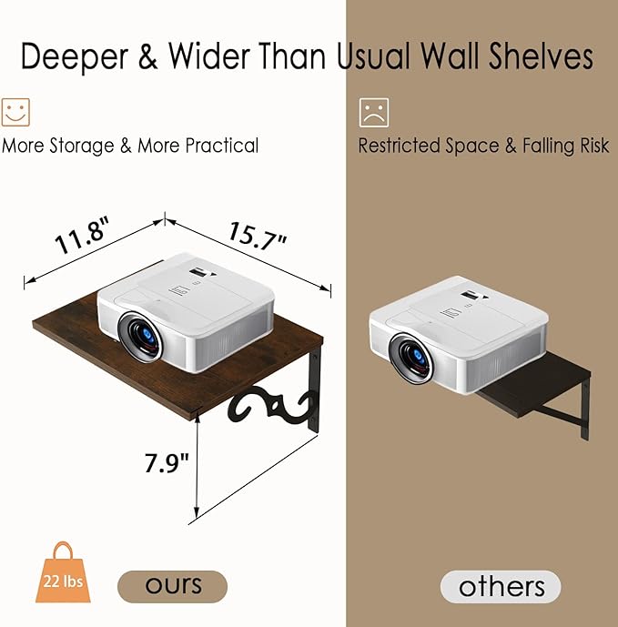 DINZI LVJ Deep Floating Shelves, 16" W x 12" D Wall Shelves Set of 2, Wide Display Shelf Wall Mounted with Brackets, Easy-to-Install Wall Bookshelf for Living Room, Bathroom, Bedroom, Rustic Brown-NeatNest