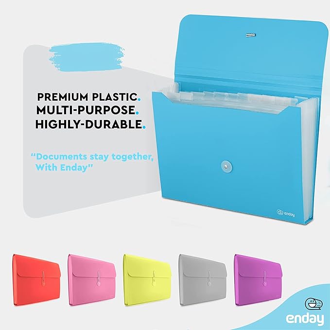Accordian File Organizer, 13 Pocket Expanding File & Cover Folder with Labels, Plastic Portable Desktop Supplies Letter A4 Paper in Blue and Purple (2 Pack) – by Enday