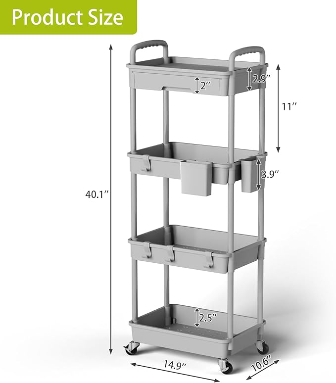 4 Tier Rolling Cart Organizer,Art Craft Diaper Bedside Snack Laundry Room Bathroom Organizer Narrow Thin Slim Rolling Trolley Utility Cart with Wheels for Kitchen,Office(Grey)-NeatNest