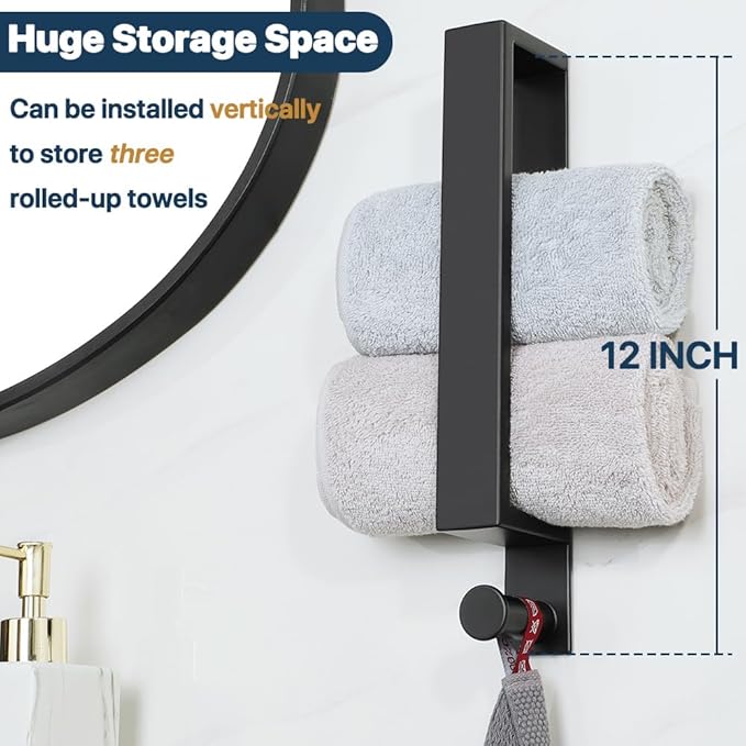 Sayayo Self Adhesive Towel Bar with Hook, 12 Inch Matte Black Towel Rack for Bathroom, Stick on Towel Holder Hand Towel Ring SUS304 Stainless Steel, 2.4 Inch Wide
