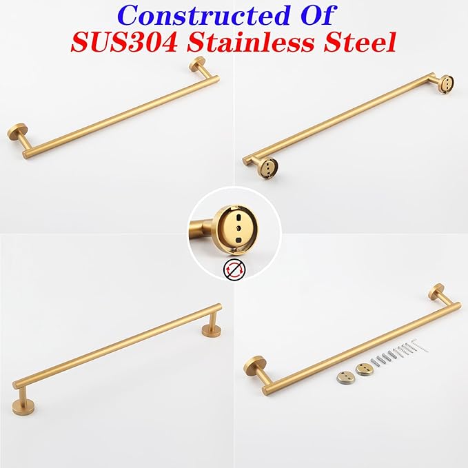 GERZWY 24-Inch Bathroom Towel Bar Gold Stainless Steel Modern Round Style Bath Hand Towel Rack Wall Mount AG1101C60-BE
