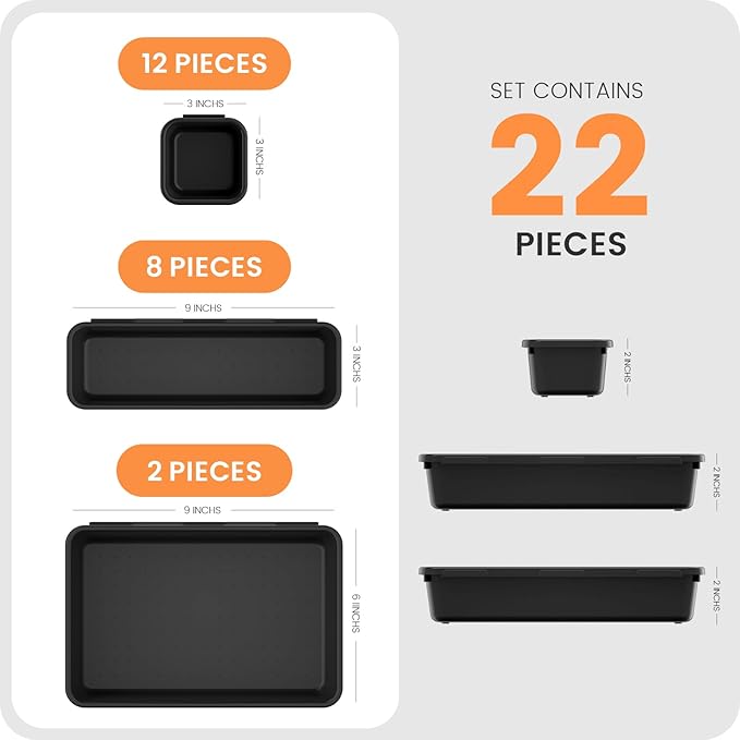 【𝟮𝟮𝗣𝗖𝗦】A-LUGEI Plastic Black Desk Drawer Organizer, Bathroom Organizers and Storage, Makeup Organizer, Organization and Storage Bin Container for Vanity Office Utensils Tool Pantry Cosmetic-NeatNest