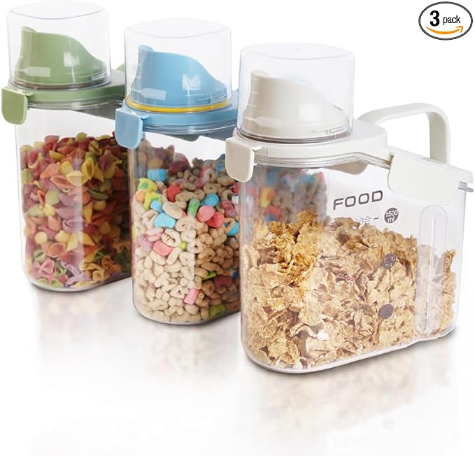 3 Pieces Cereal Containers Storage, 51fl.oz/1.5L Compact Crystal Clear Dry Food Storage Containers with Pouring Spout Measuring Cup for Rice Nuts Beans Pet Food Snacks Candies, 3PCS-NeatNest