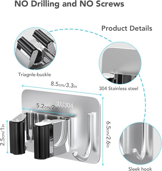 Mop Broom Holder No Drill, Mop Broom Organizer Wall Mounted Heavy Duty with Hooks Hanger, Self Adhesive Stainless Steel 4Pcs for Bathroom, Kitchen, Office (Silver)-NeatNest