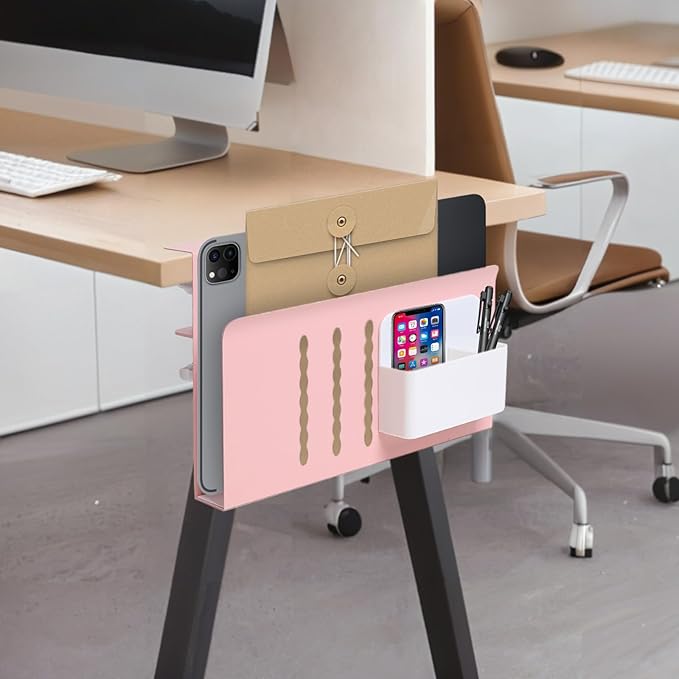 Desk Side Storage Under Desk Laptop Holder, No Drill Hanging Desk Organizer with Pen Holder, Clamp-On Table Side Tray Desktop Organization Mount for Office and Home (Pink)-NeatNest