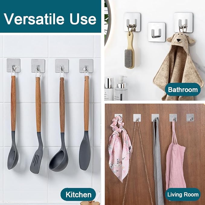 Adhesive Towel Hooks, 8 Pack Self Adhesive Coat Sticky Hooks for Hanging, Stainless Steel Stick on Wall Hat Hook, Bathrooms Kitchen Livingroom Garage, Silver