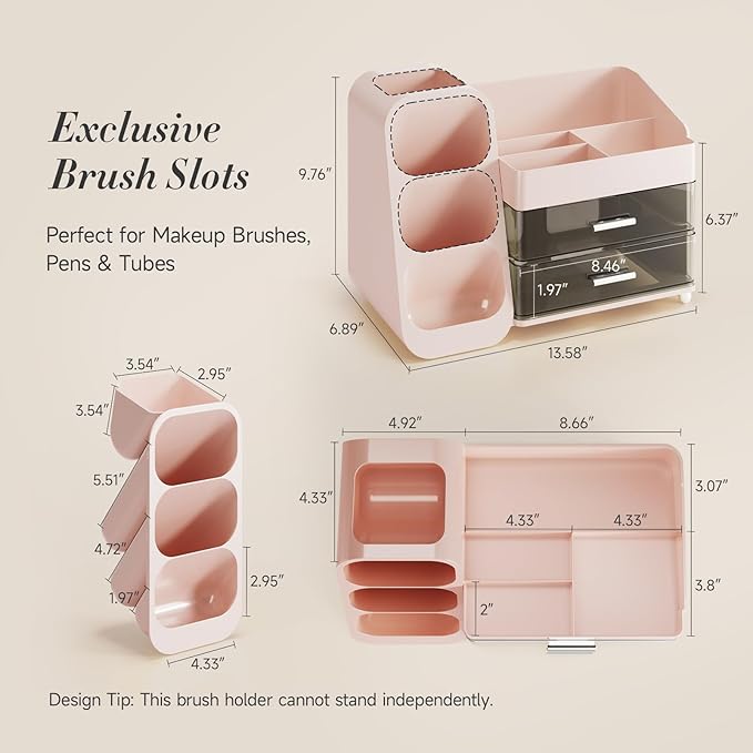Delamu Makeup Organizer with Drawers for Vanity, Spacious Cosmetic Display Case with Makeup Brush Holder, Perfect Vanity Bathroom Organizer and Storage Solution for Skincare & Beauty Essentials, Pink