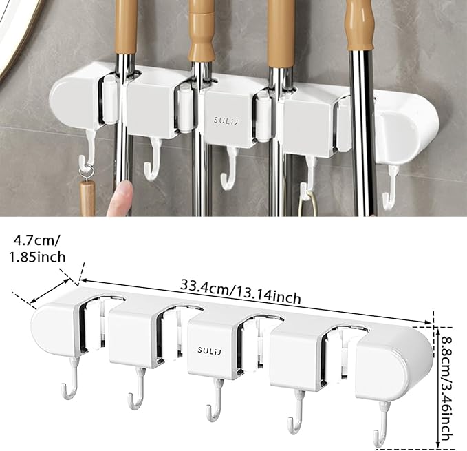2Pcs Mop Holder with Hooks Wall Mounted Mop and Broom Holder Punch Free Broom Organizer Space Saving Broom Hanger Mop Clip Holder Hanging Mop and Broom Storage for Bathrooms Home,White (2)