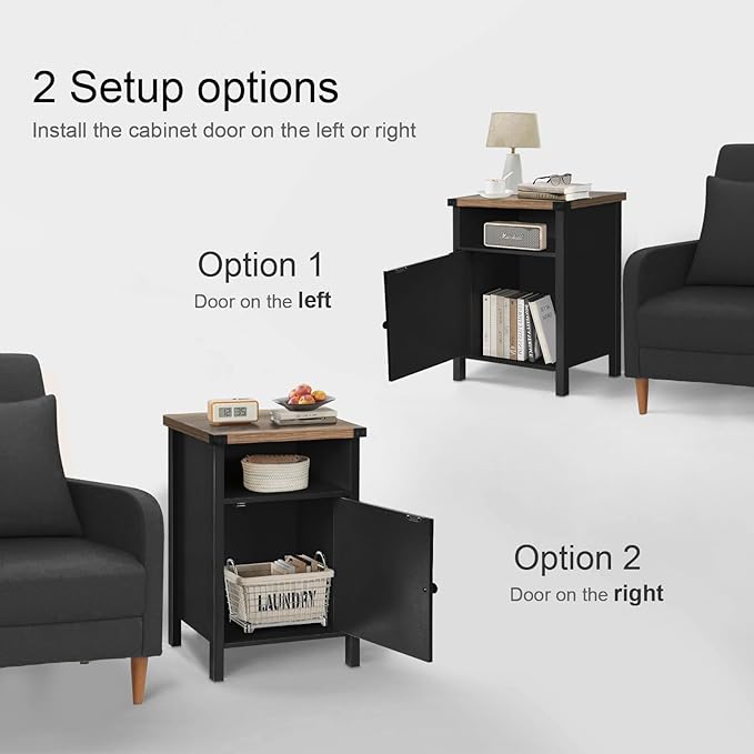 Farmhouse End Table, Nightstand, End Tables with Barn Door and Shelf, Wooden Sofa Side Table, Modern Bed Side Table Rustic Nightstands Set of 2, Bedroom, Living Room, Black