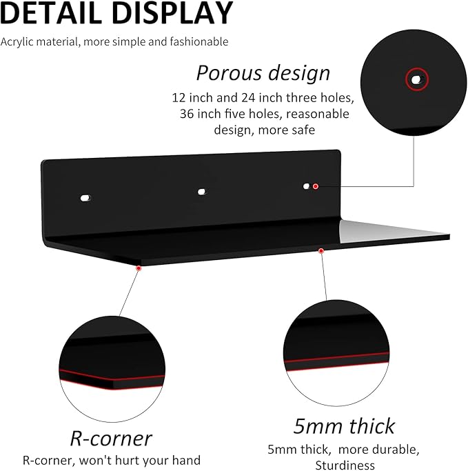 Black 12, 24 & 36 Inches Acrylic Floating Shelves, Black Multi Size Wall Shelves 36 24 12, Living Room Wall Décor Storage Shelves for Decorations, Plant Stands-NeatNest
