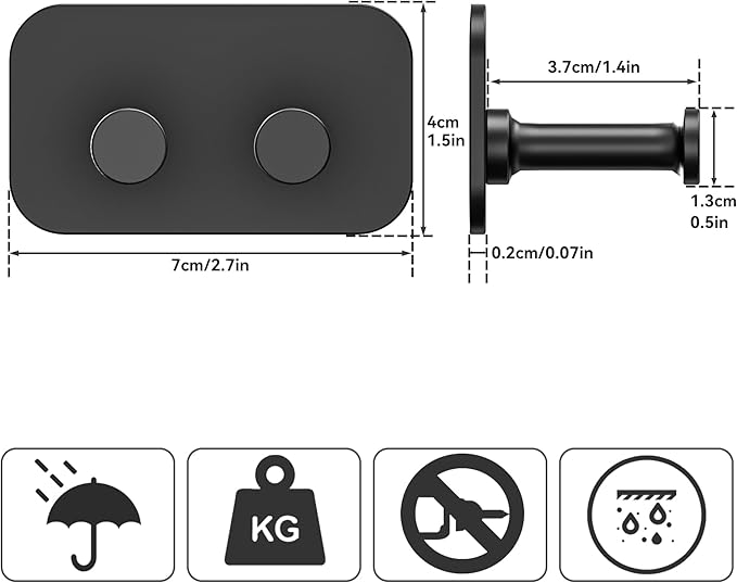 Adhesive Shower Hooks for Bathroom - Heavy Duty Hooks for Towel, Shaver, Robe and Loofah, Razor Holder, Wall Mounted, Black, 4 Pack