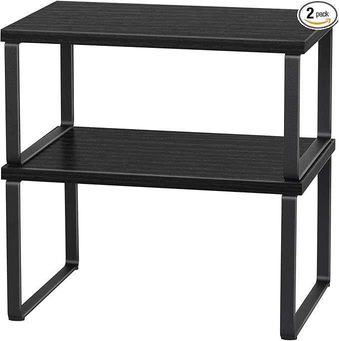 Counter Shelf Organizer Set of 2, Wood Kitchen Cabinet Shelves, Expandable Cabinet Organizer, Stackable Countertop Storage Rack for Bathroom Pantry, Black-NeatNest