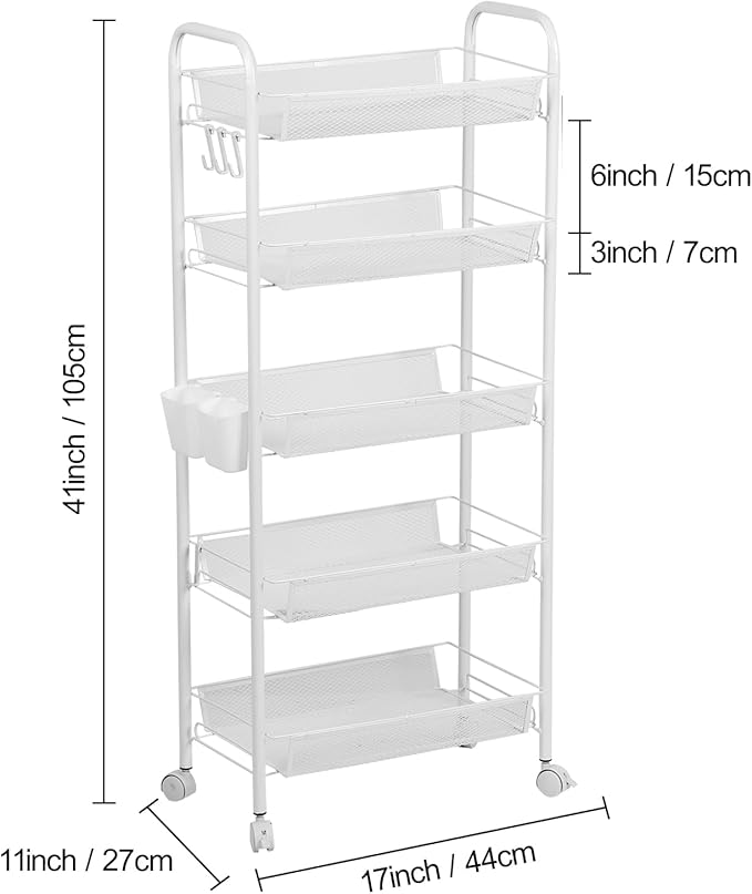 3/4/5 Tier Fruit Vegetable Basket, Stackable Metal Mesh Storage Basket with 360 Degree Wheels, Fruit Vegetable Produce Basket Storage Organizer for Kitchen, Pantry, Bathroom White 5-Layers