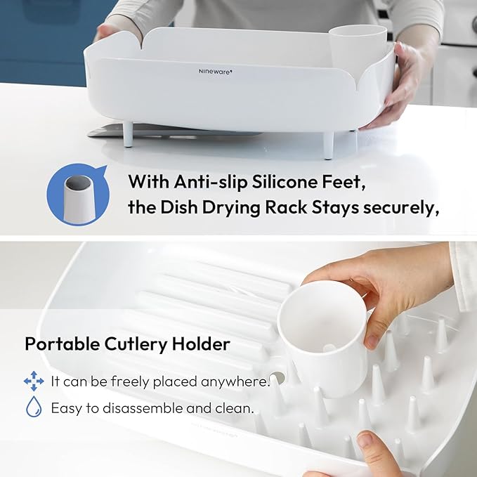 carrotez Split-Design Small Dish Drying Rack, Space-Saving Dish Drainer for Small Kitchen Countertops, Ideal for 1–2 Person Households or as a Secondary Rack, 9.5'' × 15.9'' × 4.9'', White