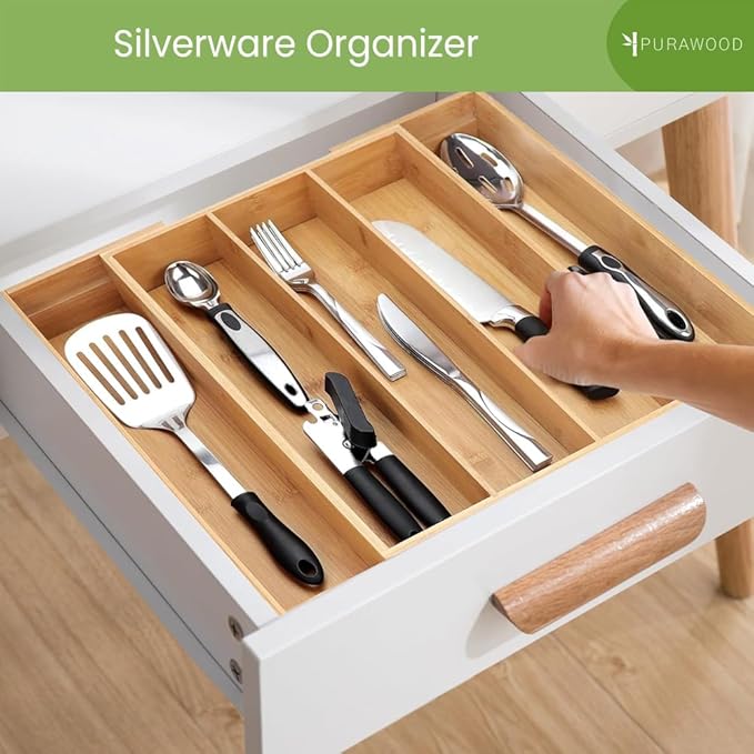 Bamboo Drawer Organizer, 2 Pack - Expandable Silverware Organizer & Utensil Drawer Organizer, Cutlery Tray with Dividers, 7-9 Slots - Premium Kitchen Organizer for Utensils & Flatware (Natural)-NeatNest
