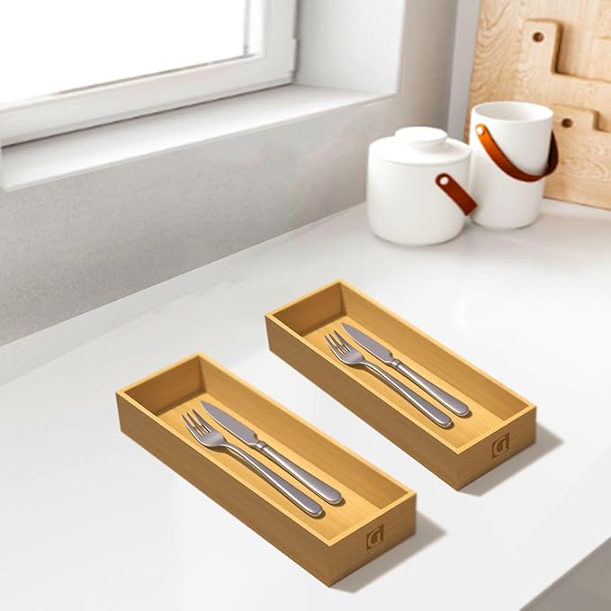 Bamboo Drawer Silverware Organizer, Silverware Tray, Flatware Organizer, Bamboo Storage Box Suitable for Office, Bathroom and other objects storage (9.85"x3.55"x1.78"- Set of 2)-NeatNest