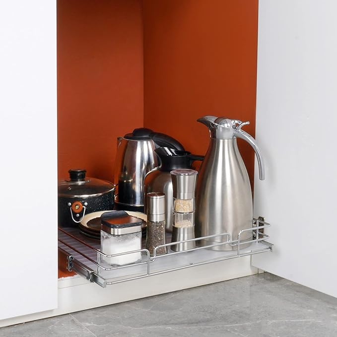 VEVOR 15.5" Wx21 Dx3.5 H Pull Out Cabinet Organizer, Heavy Duty Slide Out Pantry Shelves, Chrome-Plated Steel Roll Out Drawers, Storage for Home Under Sink, 17" Wx22 Dx7 H Install Size for Cabinet-NeatNest