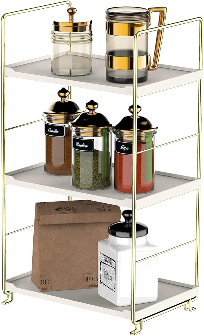 3-Tier Kitchen Spice Rack, Freestanding Stackable Organizer Shelf, Bathroom Countertop Storage Shelf, Cosmetic Organizer Holder, Square Standing Rack (Golden)-NeatNest