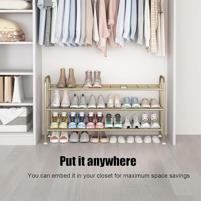 LINZINAR Shoe Rack Long 3 Tier Shoe Storage Organizer Metal Wide Shoe Shelf for Closet Entryway Bedroom 24 Paris Large Capacity, Gold-NeatNest