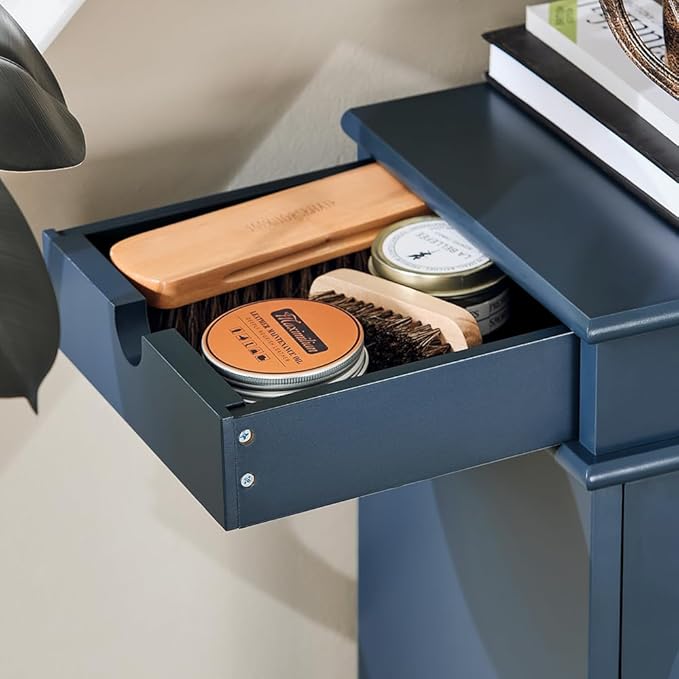 SoBuy Slim Shoe Cabinet, Shoe Rack with Doors, Shoe Storage Cupboard Organizer Unit for Entryway 2 Flip-Drawers, Hallway and Bedroom Navy FSR78-B (9.4" D x 21.3" W x 32.7" H)-NeatNest