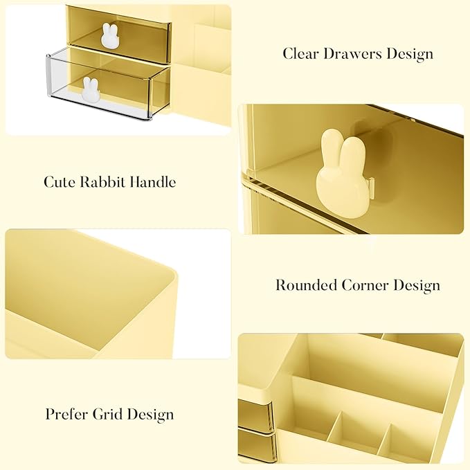 Makeup Organizer, Cosmetic Desk Storage Box with Drawers Skincare Organizers for Dressing Table, Countertop, Bathroom Counter, Vanity Holder for Brushes, Lotions, Lipstick, Perfume (Yellow-Clear)-NeatNest