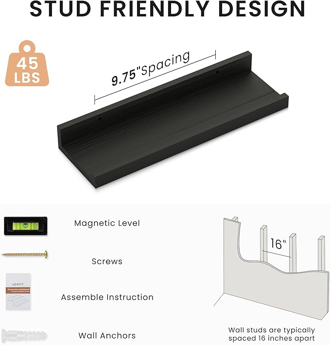 Floating Shelves for Wall, 16 inch Solid Wood Picture Ledge Shelf, Picture Shelf for Wall with Ledge, Floating Book Shelves for Living Room Bedroom Kitchen Nursery Decor, Black, Set of 2-NeatNest