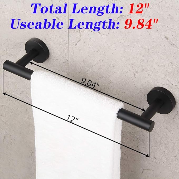 GERZ Contemporary 12-Inch Towel Bar Bath Hand Towel Holder SUS 304 Stainless Steel Wall Mounted Bathroom Organizer Matte Black AG1101C30.5-BK