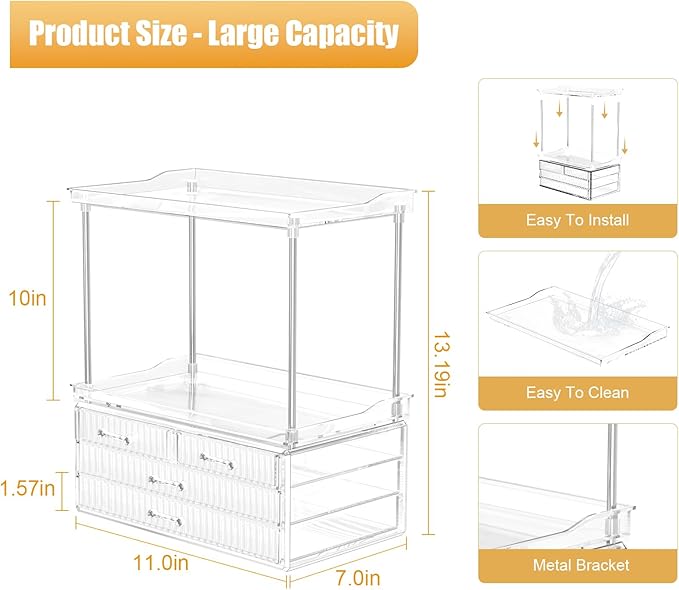 Acina 2-Tier Bathroom Organizer Countertop: Multi-Purpose Makeup Organizer - Large Skincare Exquisite Vanity Organizer for Cosmetics, Perfume Amber Clear-NeatNest