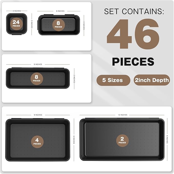 A-LUGEI【𝟰𝟲𝗣𝗖𝗦 & 5 Size】Tool Box Organizer Tray Divider Set, 【Black】 Desk Drawer Organizer, Garage Organization and Storage Toolbox Accessories Rolling Tool Chest Cart Cabinet WorkBench Small Part-NeatNest
