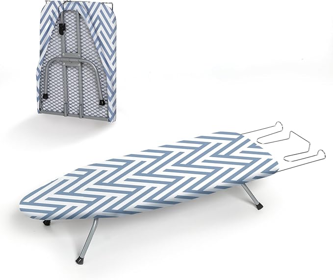 Small Tabletop Ironing Board Foldable, RAINHOL Steel Mesh Portable Iron Board for Dorm and Apartment, with Iron Rest and Heat-Resistant Cotton Cover, 31" x 12", Blue and White Stripes