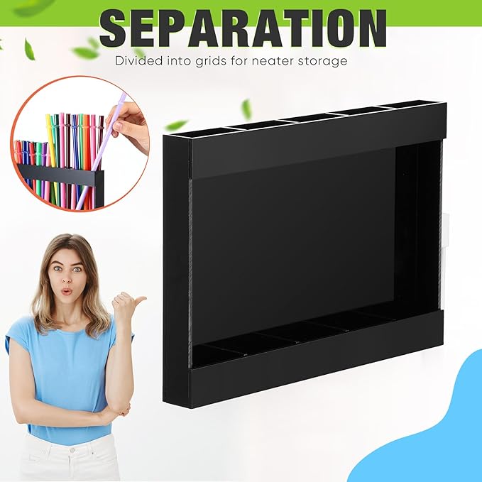 Acrylic Straw Holder for Cabinet Door with Double Sided Adhesive Tape Reusable Straw Organizer Tumbler Storage Kitchen Accessories Container for Counter Cupboard(Classic,Large,Black)