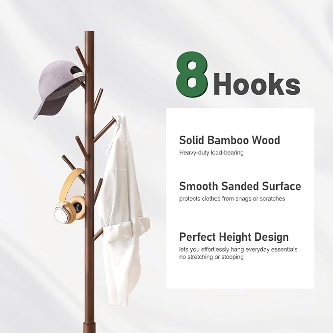 Bamboo Wood Coat Rack Stand, Freestanding Coat Tree with 8 Hooks, Hallway Entryway Hat Hanger Organizer Standing for Bedroom, Office, Clothes, Jackets, Bags, Umbrallas-NeatNest