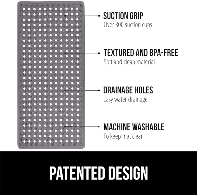 GORILLA GRIP Patented Bath Tub Shower Mat, Machine Washable Bathtub Floor Liner Mats, Suction Cups and Drain Holes to Keep Tubs Clean, Soft on Feet, Bathroom Essentials, 35x16 Inch, Charcoal Opaque-NeatNest