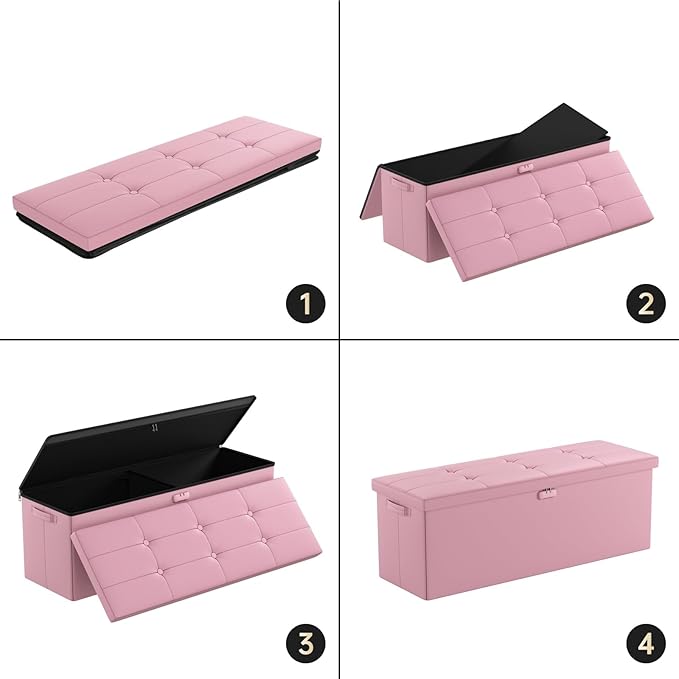 DocSafe Storage Ottoman Bench, Fireproof&Waterproof Folding Bench with Lock(15”x 43”x15”), Leather Storage Chest with Handles&2 Extra Boxes, Ottoman Safe for Bedroom,Living Room,Home Office, Pink-NeatNest