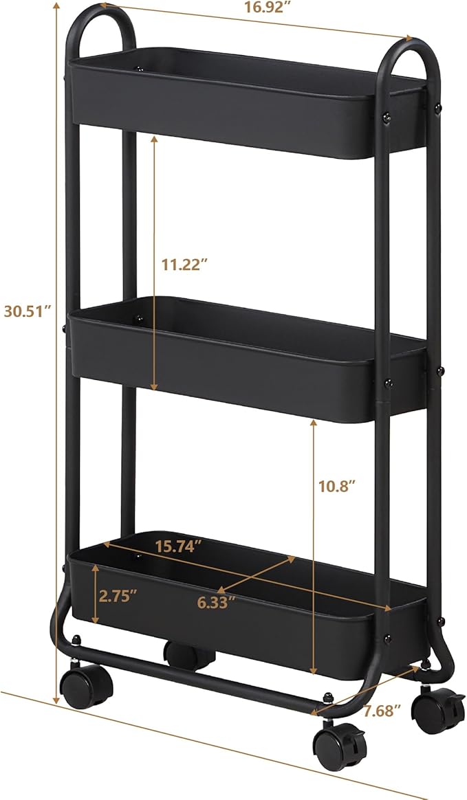 SunnyPoint Slim Rolling Storage Cart, 3 Tier Bathroom Storage Organizer Bathroom, Laundry Utility Cart (Black)-NeatNest