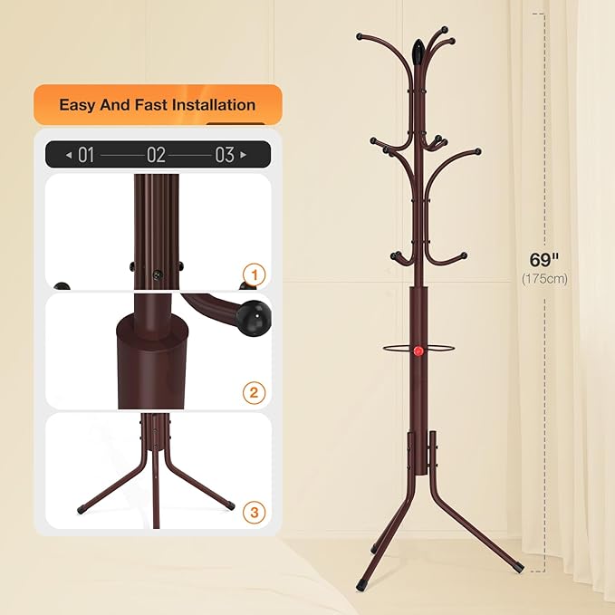 Coat Rack Freestanding,12 Hooks Metal Coat Racks with Umbrella Holder,Sturdy Hall Rree,Easy Assembly Coat Rack Stand for Hanging Scarf,Purse,Hats,Jacket(Brown)-NeatNest