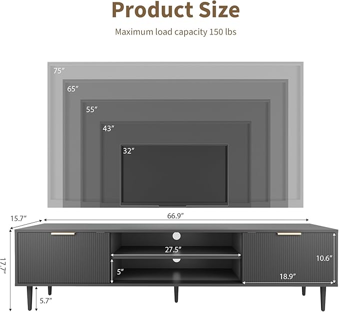 Black TV Stands, Mid Century Modern TV Stand, with 2 Large Storage Cabinets, for TVs Up to 75 in, Black Entertainment Center with Fluted Panel Design, TVs Stands for Living Room, for Bedroom, Office-NeatNest