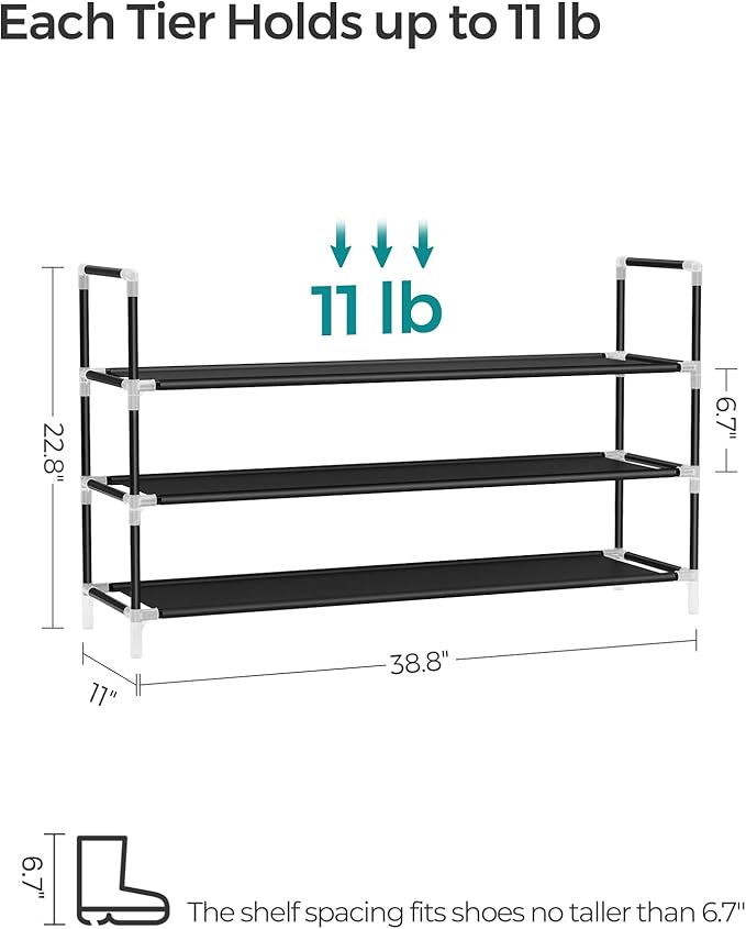 SONGMICS 3-Tier Shoe Rack, Shoe Storage for Hallway Closet, Slim and Space-Saving, Metal Frame, Non-Woven Fabric Shelves, Black ULSH053B01-NeatNest