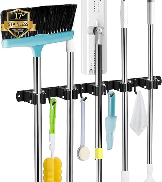 Black 5 Racks and 4 Hooks Mop and Broom Holder Wall Mount, Broom Organizer Storage Tool Racks Stainless Steel Heavy Duty Hooks Self Adhesive Solid Non-slip for Home Kitchen Garden Laundry Garage-NeatNest
