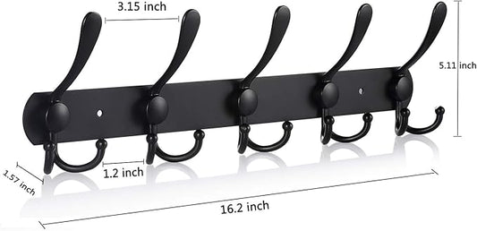 Coat Rack Wall Mounted,5 Tri Stainless Steel Coat Hook for Coat Hat Robes Towel in Mudroom Entryway (Black, 2 Pack 5 Hook)-NeatNest