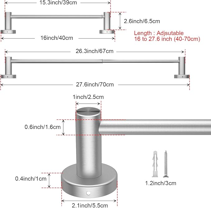 Adjustable 16 to 27.6 Inch Single Towel Bar, iMomwee Satin Brushed Nickel Finished SUS304 Stainless Steel Bath Towel Holder, Wall Mount Towel Rail for Bathroom Kitchen Washroom, 1" Diameter Towel Rod
