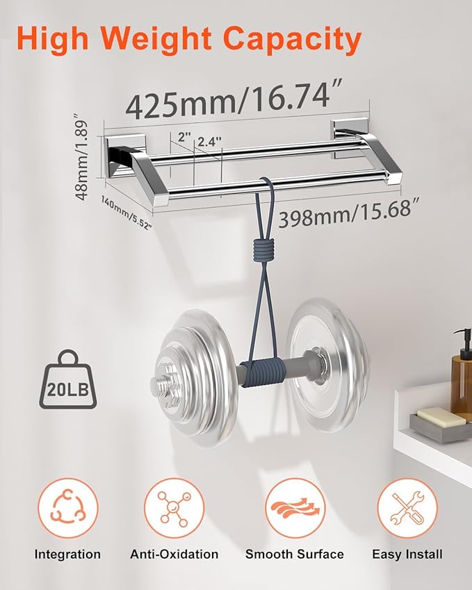 Alise Double Towel Bars, Wall Mount Towel Holder, Heavy Duty SUS304 Stainless Steel, Polished Chrome, 16 Inch
