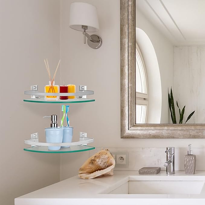 2 Pcs Tempered Glass Corner Shelf with Rail & Brackets, 9.5" x 9.5" Floating Shower Caddy, Wall Mounted Shampoo Holder Organizer for Bathroom, Kitchen, Living Room