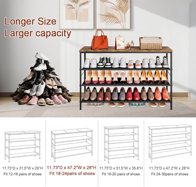 Shoe Rack Organizer 4 Tier Long Metal Organizer Shelf with Industrial MDF Board and Layer Fabric for Entryway Closet Bedroom Living Room Garage,Black & Rustic Brown-NeatNest